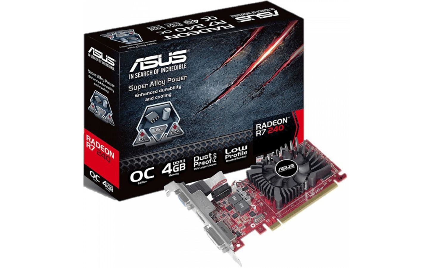 Купить видеокарту ASUS R7 240 OC R7 240 OC, PCI Express, 4GB DDR3, 128bit,  DVI+HDMI+D-SUB, (R7240-OC-4GD3-L), RTL {20}